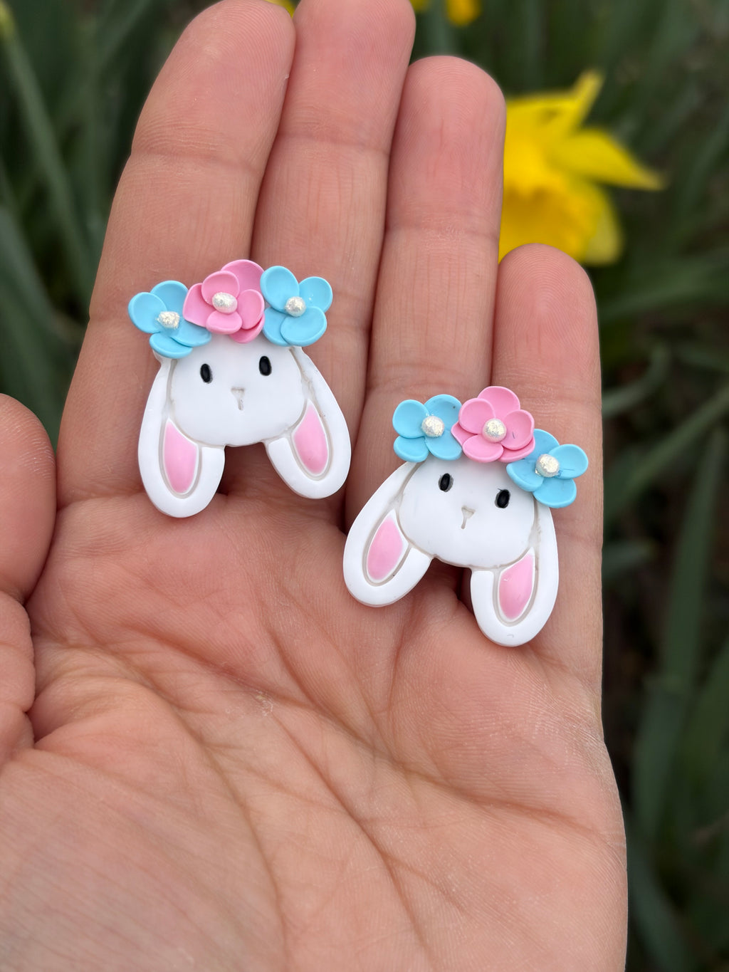 Floral Crown Bunny Earrings: Pink & Blue Flowers