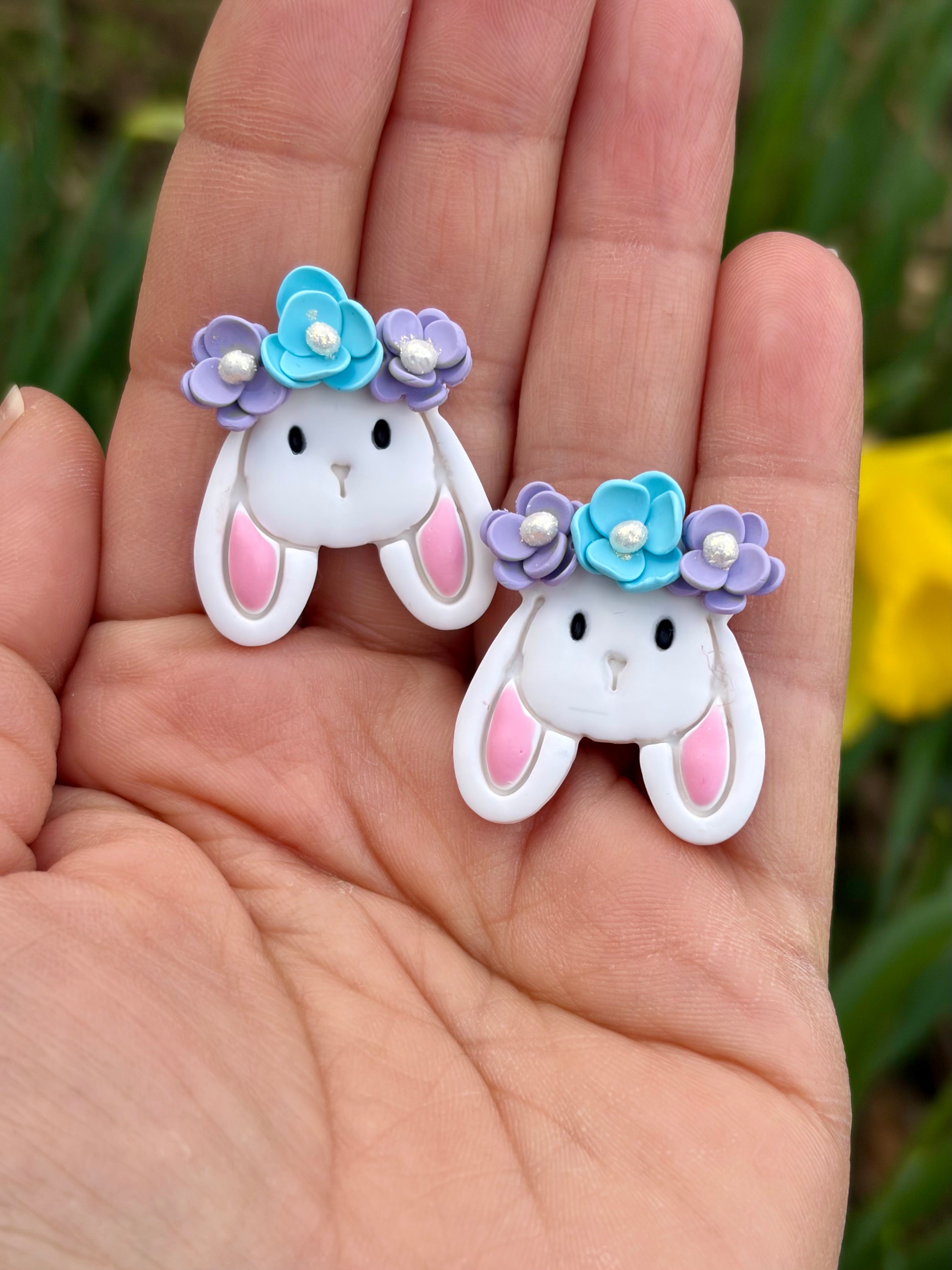 Floral Crown Bunny Earrings: Purple & Blue Flowers