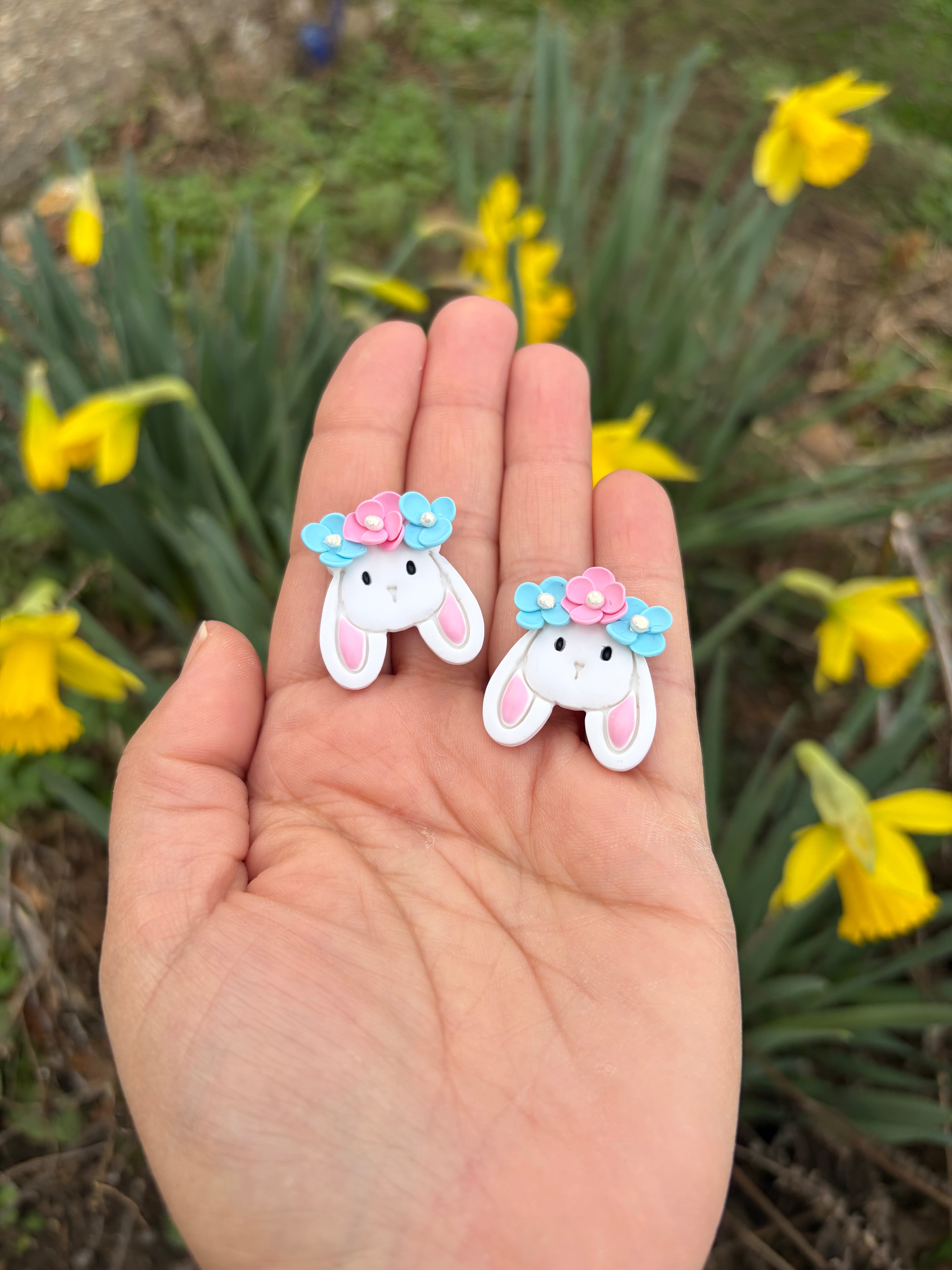 Floral Crown Bunny Earrings: Pink & Blue Flowers